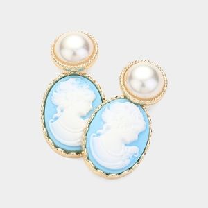 Gold Blue Pearl Cameo Pendant Dangle Earrings Oval Coin Charm Lady Woman Drop